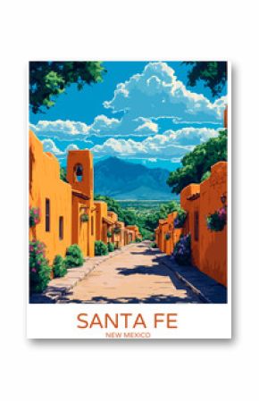 Santa Fe New Mexico Poster Illustration Travel Print Decor Gift Paper Canvas Wall Retro Art