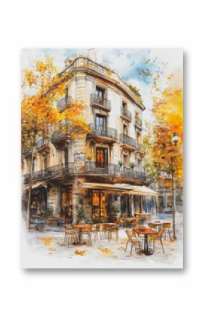 Cozy european Spain cafe outdoor, Barcelona city autumn time, watercolor