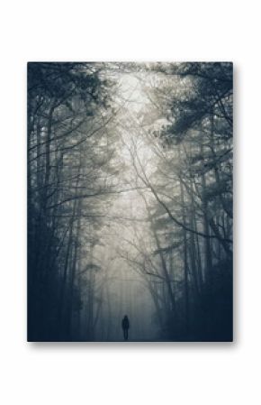 Image of pedestrians walking on the street surrounded by trees on a foggy evening