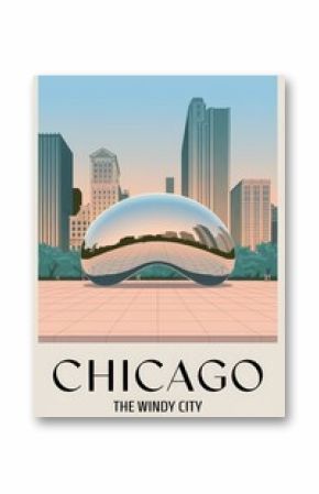 Vintage Travel Poster of Chicago: The Windy City, Featuring Iconic Cityscape with Sleek Modern Architecture and the Famous Cloud Gate Sculpture