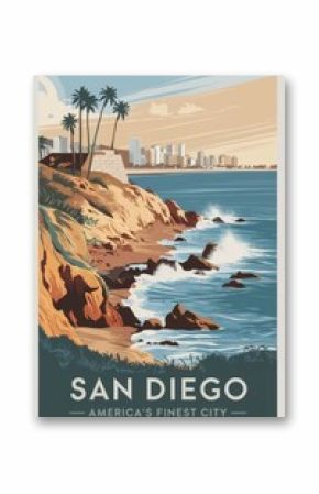 Vintage Travel Poster of San Diego: Stunning Coastal View with Palm Trees and City Skyline, Capturing the Essence of Americas Finest City in Retro Style