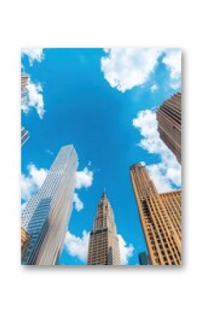 A view of skyscrapers against a bright blue sky with fluffy clouds.