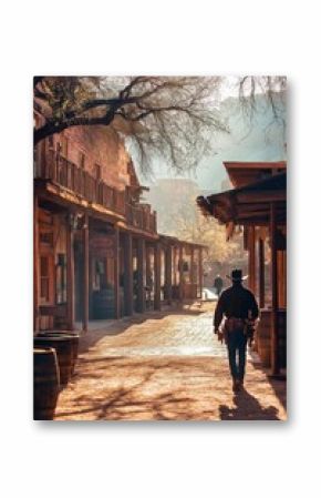 Charming cowboy scene with texas saloon, dramatic cliffs, and soft sunlight in america