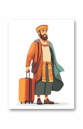 A tourist in traditional clothing carries a suitcase while exploring various cultures, illustrated in a style against a white background.