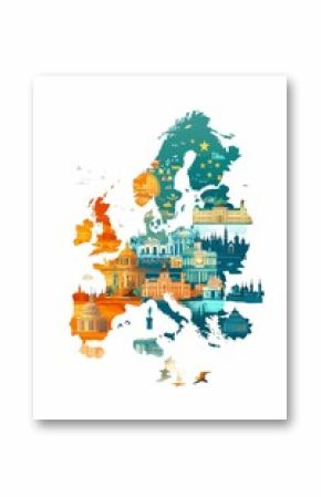 European map with famous landmarks.