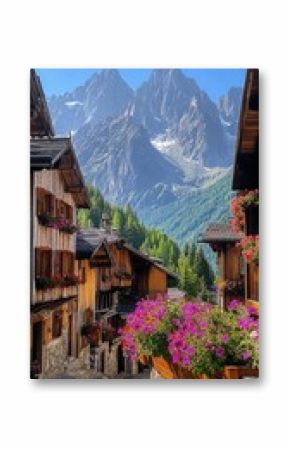 Charming Courmayeur village at the foot of mountains with wooden chalets and colorful flowers under a clear blue sky