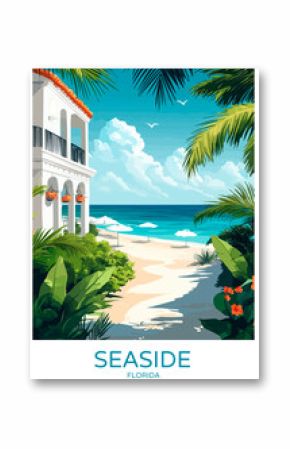 Seaside Florida Poster Illustration Travel Print Decor Gift Paper Canvas Wall Retro Art