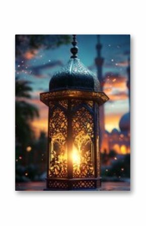 Decorative lantern glowing at dusk near a mosque with intricate patterns and silhouettes