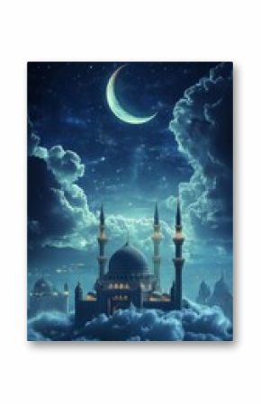 A beautiful mosque with a crescent moon at dusk in a serene sky filled with clouds