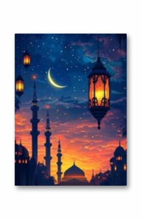 Serene twilight view of a mosque silhouette against a vibrant sunset with stars and a crescent moon