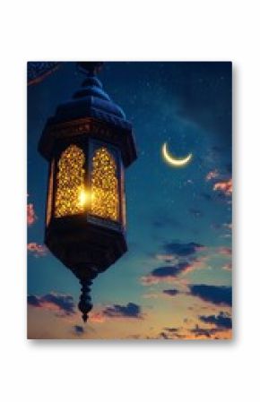 Decorative lantern illuminated at dusk under a crescent moon with a starry sky backdrop