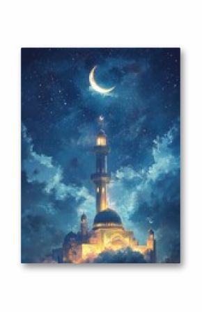 A beautiful mosque with a crescent moon at dusk in a serene sky filled with clouds