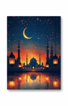 Serene twilight view of a mosque silhouette against a vibrant sunset with stars and a crescent moon