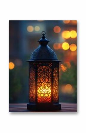 Decorative lantern casting warm light through window with blurred city lights at night