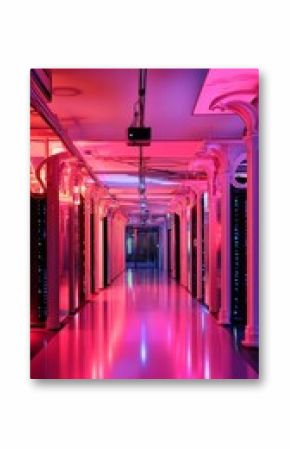 Corridor of a futuristic data center with pink LED lights