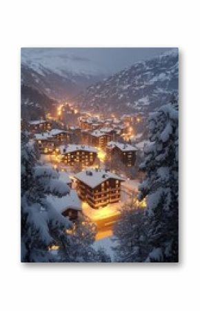 Snow covered village illuminated at dusk in the Swiss Alps