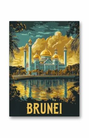 Discover Brunei's enchanting landscapes, including its golden mosques, lush rainforests, and vibrant culture, in this captivating travel poster ideal for adventurers.