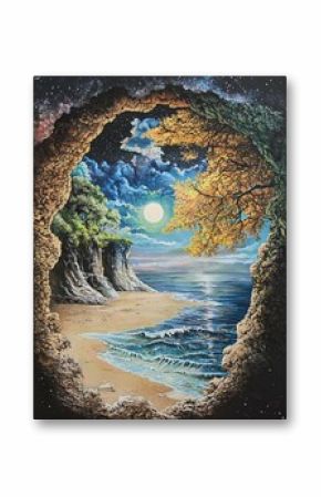 A moonlit beach viewed through a rocky cave opening, framed by vibrant foliage against a starry sky.