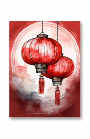 Two red Chinese lanterns hanging against a watercolor background. Generative AI.