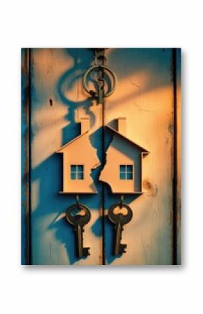 Selling a property after divorce separation idea featuring keyholders shaped like a half-house against a wooden backdrop.