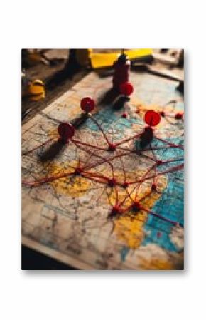 Vintage world map with interconnected red threads and pins, revealing a complex network of travel routes and global connections in warm, nostalgic lighting