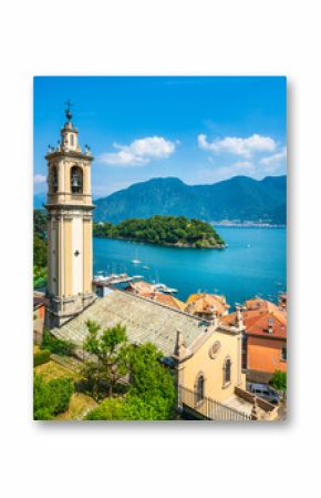 Lake Como, Sala Comacina bell tower from greenway trail. Italy, Europe.