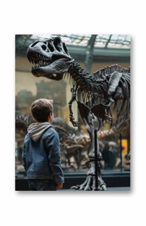 Child looking at the skeleton of an ancient dinosaur in the museum of paleontology. Little boy watching at dinosaur bones.