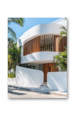 Modern architectural design showcases curved lines and natural materials in a tropical setting, promoting seamless indoor-outdoor living in this peaceful neighborhood