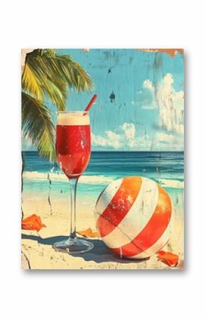 In a bold vintage collage, a vibrant cocktail glass sits on the sandy beach, alongside a striped beach ball, as palm trees sway under a clear blue sky.