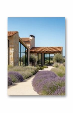 A stunning lavender garden envelops a contemporary stone house featuring expansive windows, all basking in the warm sunlight of a clear day