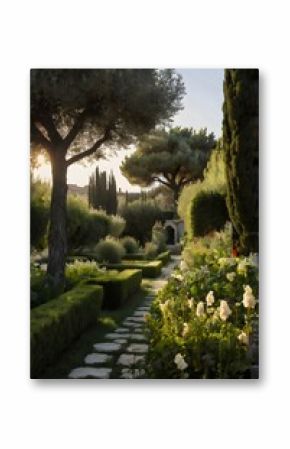 A garden path with a tree in the middle and bushes on either side