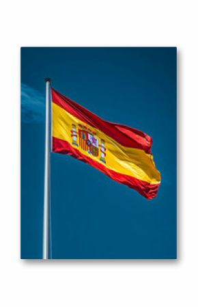 Bright Spanish flag waving against a clear blue sky at a public square during daytime