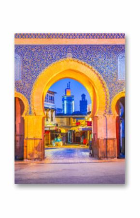 Bab Boujeloud, Blue Gate of Fes, Minaret of Madrasa Bou Inania madrasah, Medina of Fez, Morocco