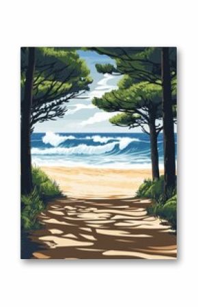 Poster in a retro vector style a long beach seen from the ground under pine trees the sea behind with big waves hossegor in france 