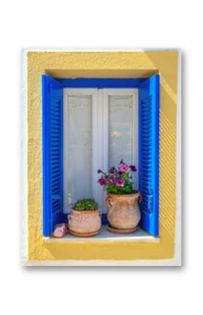 Greek blue window with flower pots. Ano Koufonisi island. Small Cyclades, Greece