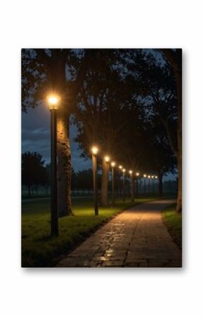 Solar-powered streetlights illuminating a peaceful park path.