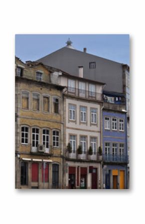 Facades of old and historic buildings in the city of Braga in Portugal, a typical and picturesque area
