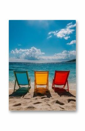 Colorful beach chairs facing the serene ocean under a bright sky
