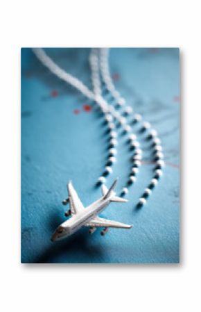 Mini airplane leaving dotted trail representing global flight routes, aviation mapping, tourism trends, and travel planning