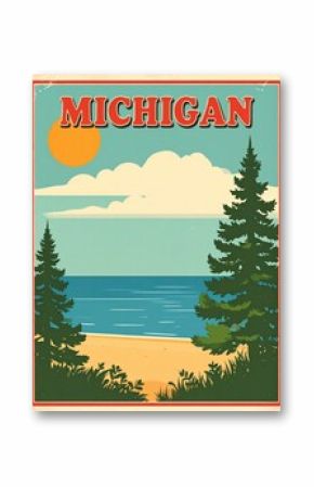 Vintage michigan poster featuring scenic beach and pine trees under a sunny sky