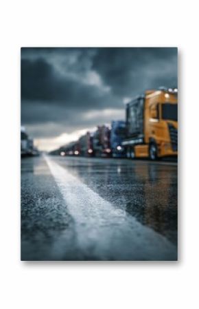 Semi-Trucks Parked on Wet Roadway During Storm