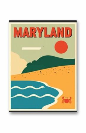 Vintage maryland travel poster with beach scene and red sun