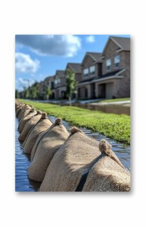 Sandbag flood protection in residential neighborhood during high water event low angle view of burlap bags
