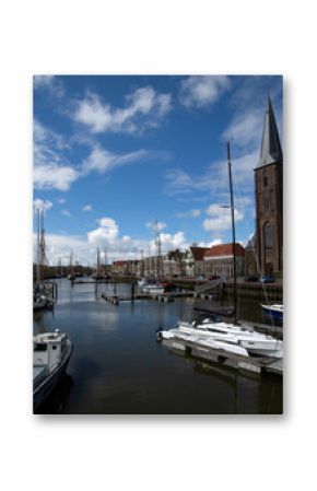 Dutch city skyline with canals