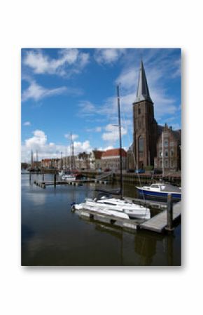 Dutch city skyline with canals