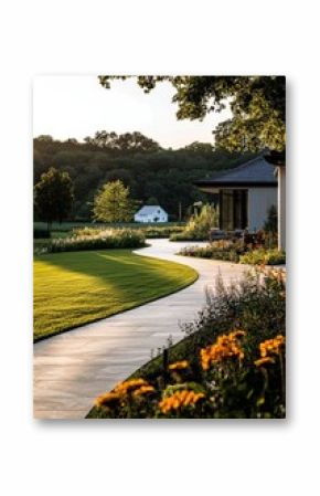 Beautiful Landscaped Garden With a Winding Path in the Evening Light Near a Charming White House