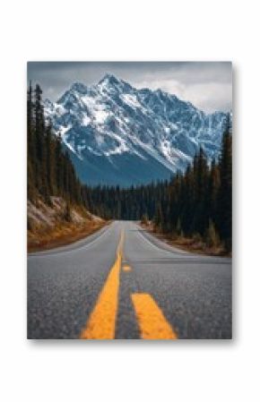 Majestic Mountain Road Under Cloudy Skies With Snow-Capped Peaks Visible in the Background.