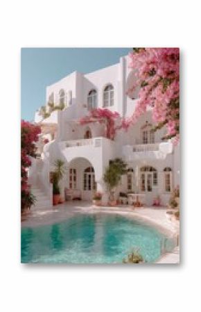 Stunning Poolside View of a White Villa Adorned With Vibrant Pink Bougainvillea in a Sunny Location.