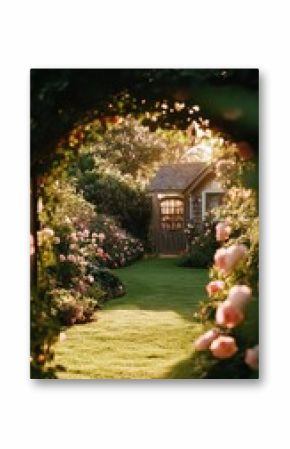 Lush Garden Pathway Leads to Cozy Cottage at Sunset in Serene Outdoor Setting