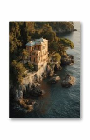 Stunning Coastal Villa Perched on a Cliff Overlooking the Serene Mediterranean Waters During Sunset.